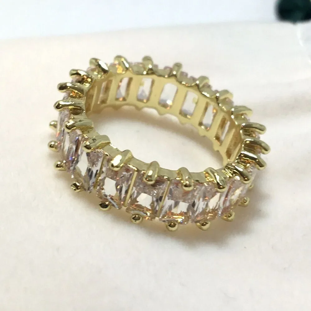 Yellow Gold Plated Eternity Ring Size 6.5 Wide Band Cubic Zirconia Baguettes
